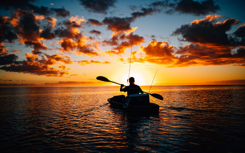 Silhouette of man canoeing during sunset