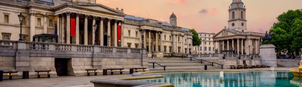 The exterior of the National Gallery in Trafalgar Square.