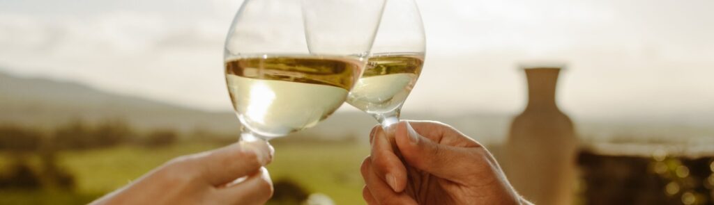 Two people holding up glasses of wine.