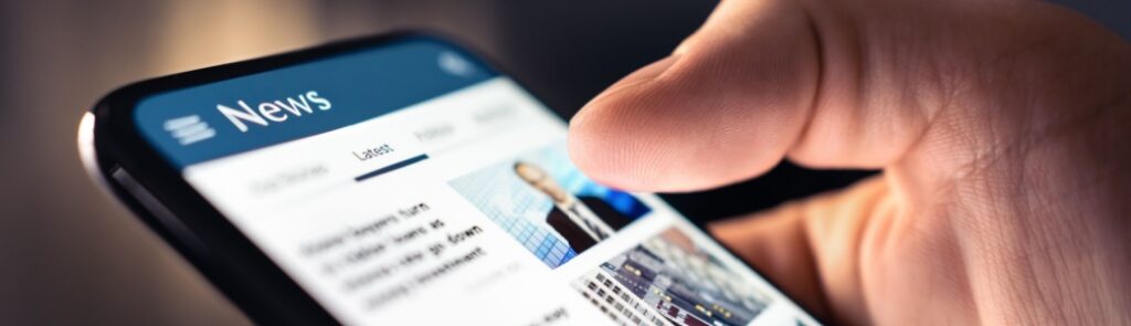 A person looking at a news feed on their phone.