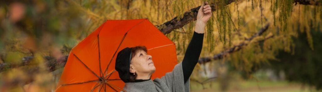 A woman under an umbrella.