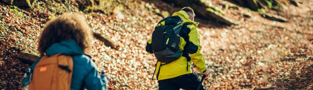 A couple hiking through a forest in autumn.