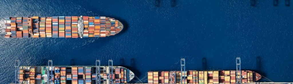 An aerial view of a cargo ship harbour.
