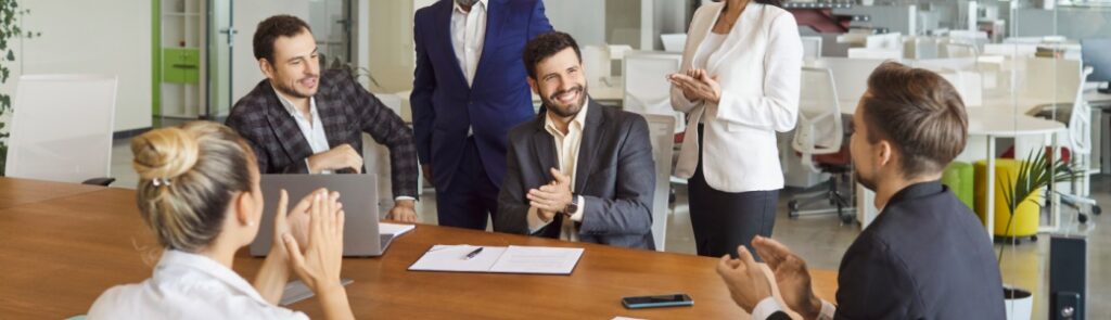 A group of employees in a meeting.